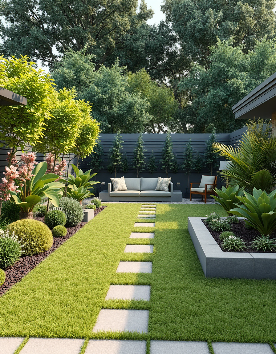 Garden Design idea: AI garden design, lush landscaped yard, plants pathways and seating, photorealistic render, modern minimalist garden with no gravel, no grasses, no co