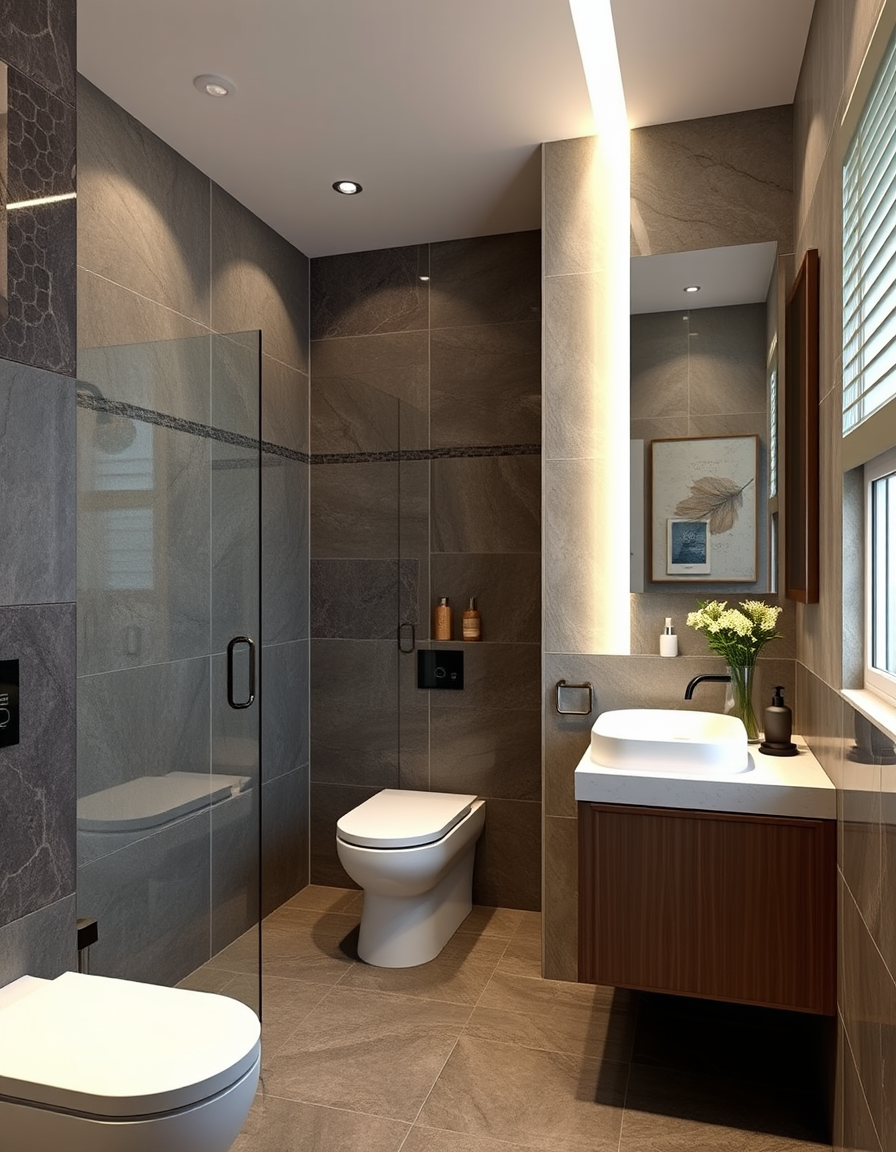 Bathroom Design idea: AI bathroom design, tiled surfaces vanity and fixtures, photorealistic interior render, 20呎集裝箱公共廁所平面圖，現代極簡風格。一側為男廁（含2個小便斗），另一側為三個馬桶隔間(坐式馬桶)，2個洗手台在外面。頂