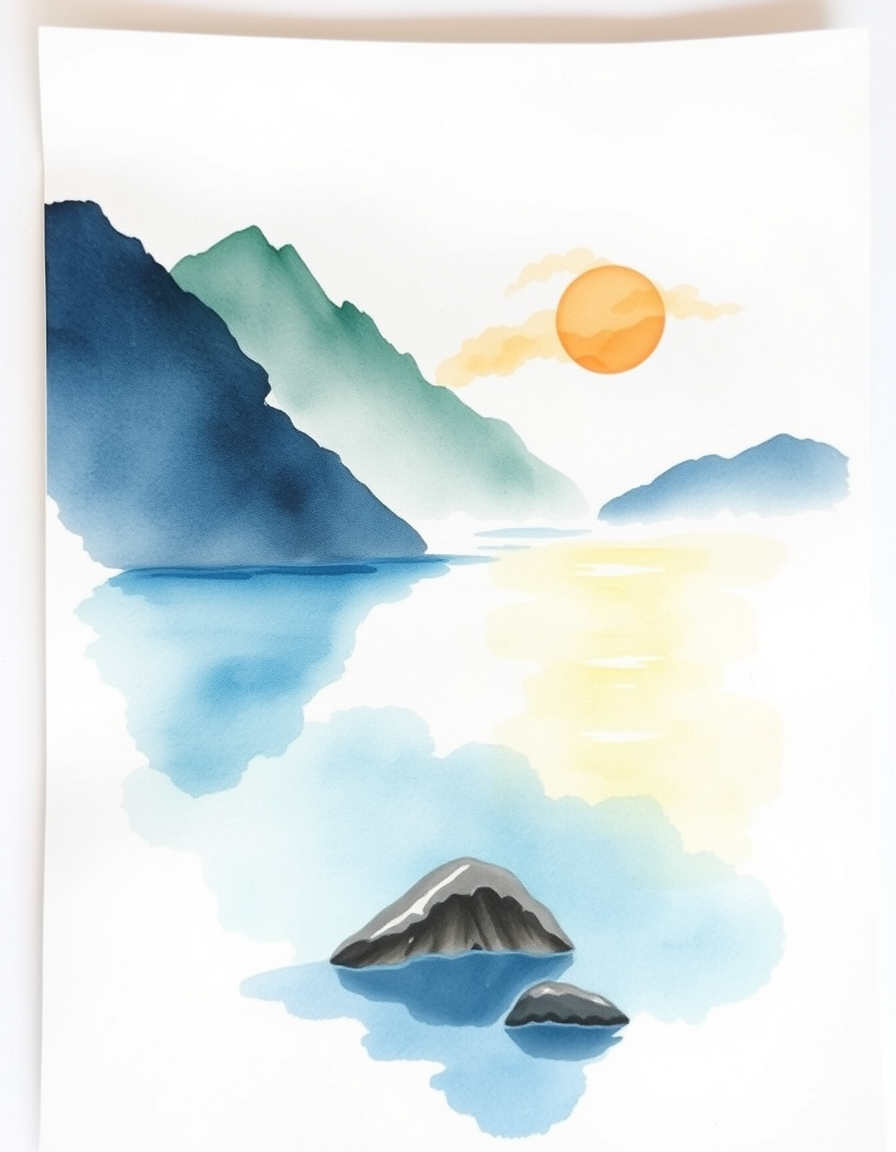 Watercolor idea: watercolor painting, soft transparent washes, wet-on-wet bleeds, paper texture visible, un lac de montagne au lever du soleil avec de la brume sur l'e