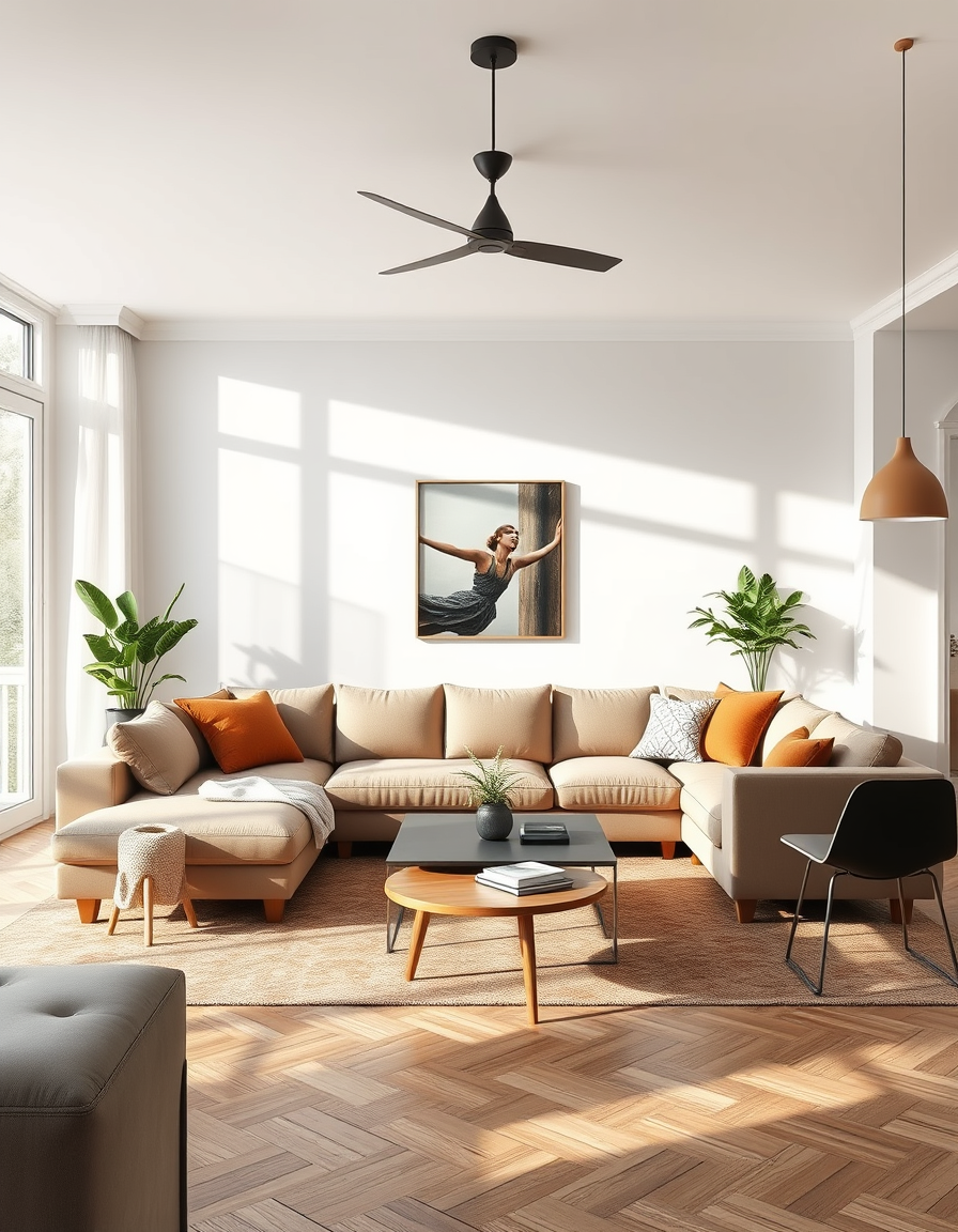 Living Room Design idea: AI living room design, sofa layout decor and lighting, photorealistic interior render, Skandinavisches Wohnzimmer mit Leinensofa, Eichentisch und sanf