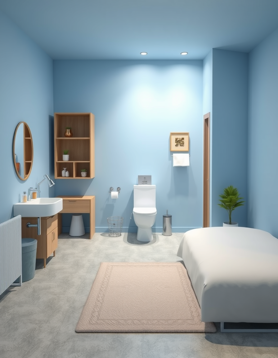 Room Design idea: AI room design, full room layout furniture and lighting, photorealistic interior render, simple toilet with basic items, grey flooring, light blue and