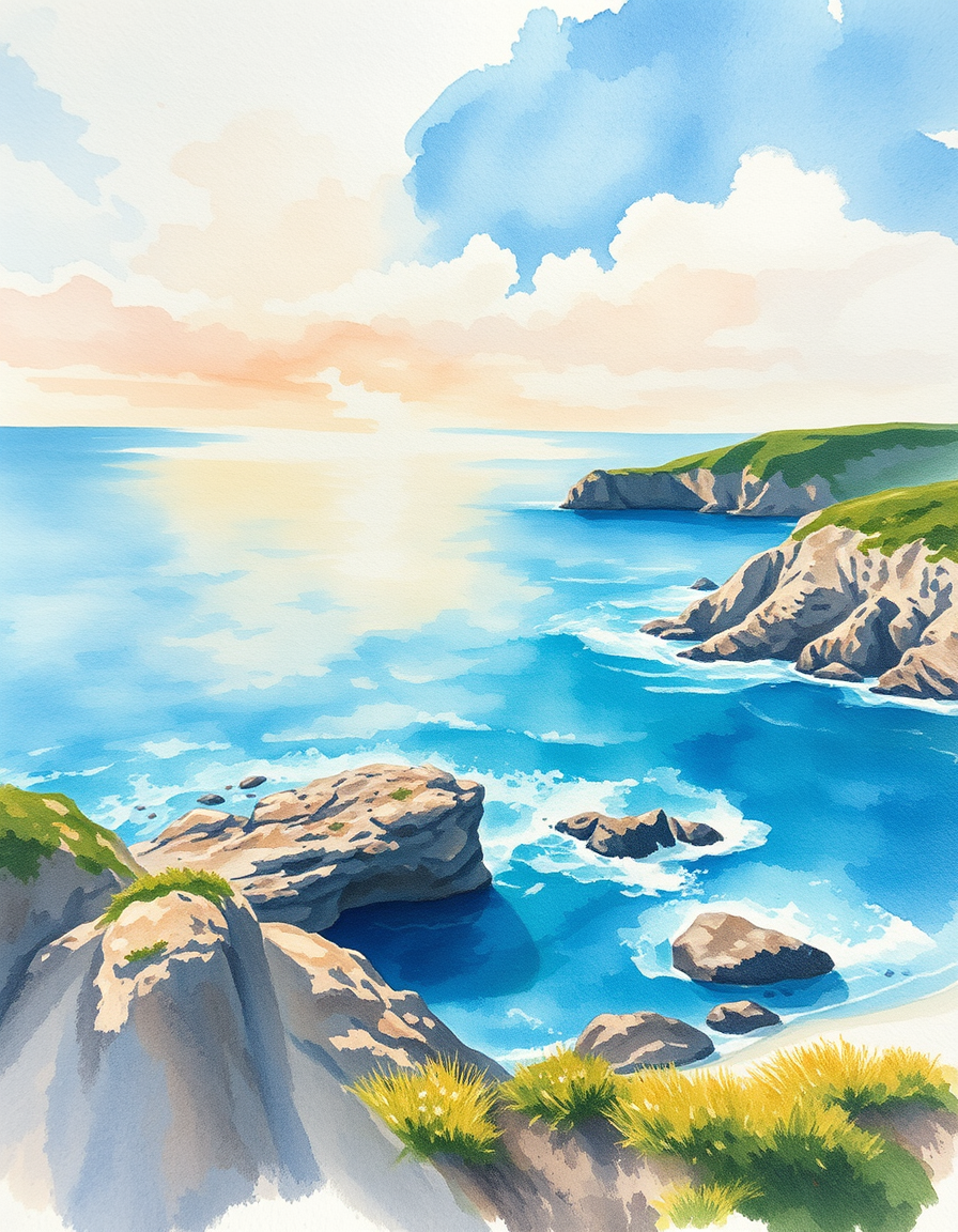 Photo To Paintings idea: painting from the photo, rich brushstrokes, painterly texture, a coastal landscape photo turned into a plein-air watercolor with wet-on-wet sky , fine