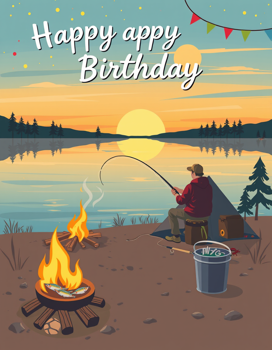 Birthday Cards idea: birthday card design, cheerful festive artwork, space for greeting, make a birthday card of a man fishing in the middle of a lake at sunset with a cam