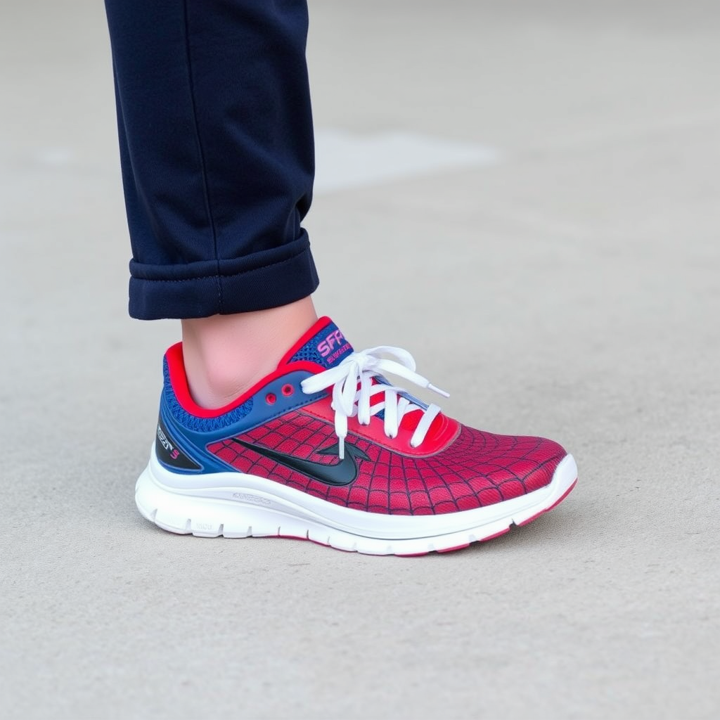 AI Painting prompt example created from the prompt: Thirteen year old Andrew Wiley wearing his new low top Skechers Spiderman running shoes without socks.