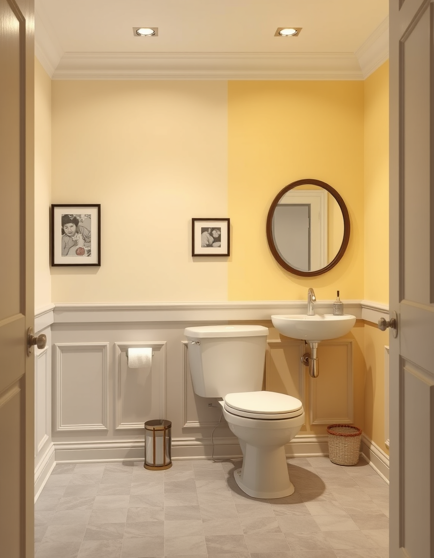 Paint Color idea: room repainted in a new wall color from the photo, accurate paint finish, photorealistic interior render, toilet floor painted with grey, one full pan