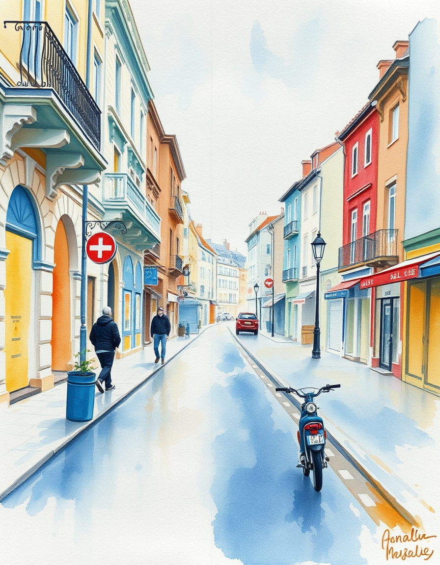 Picture Into Watercolor idea: turn picture into watercolor, transparent washes, paper texture, soft pigment edges, Une photo de rue en ville transformée en aquarelle, reflets de pl