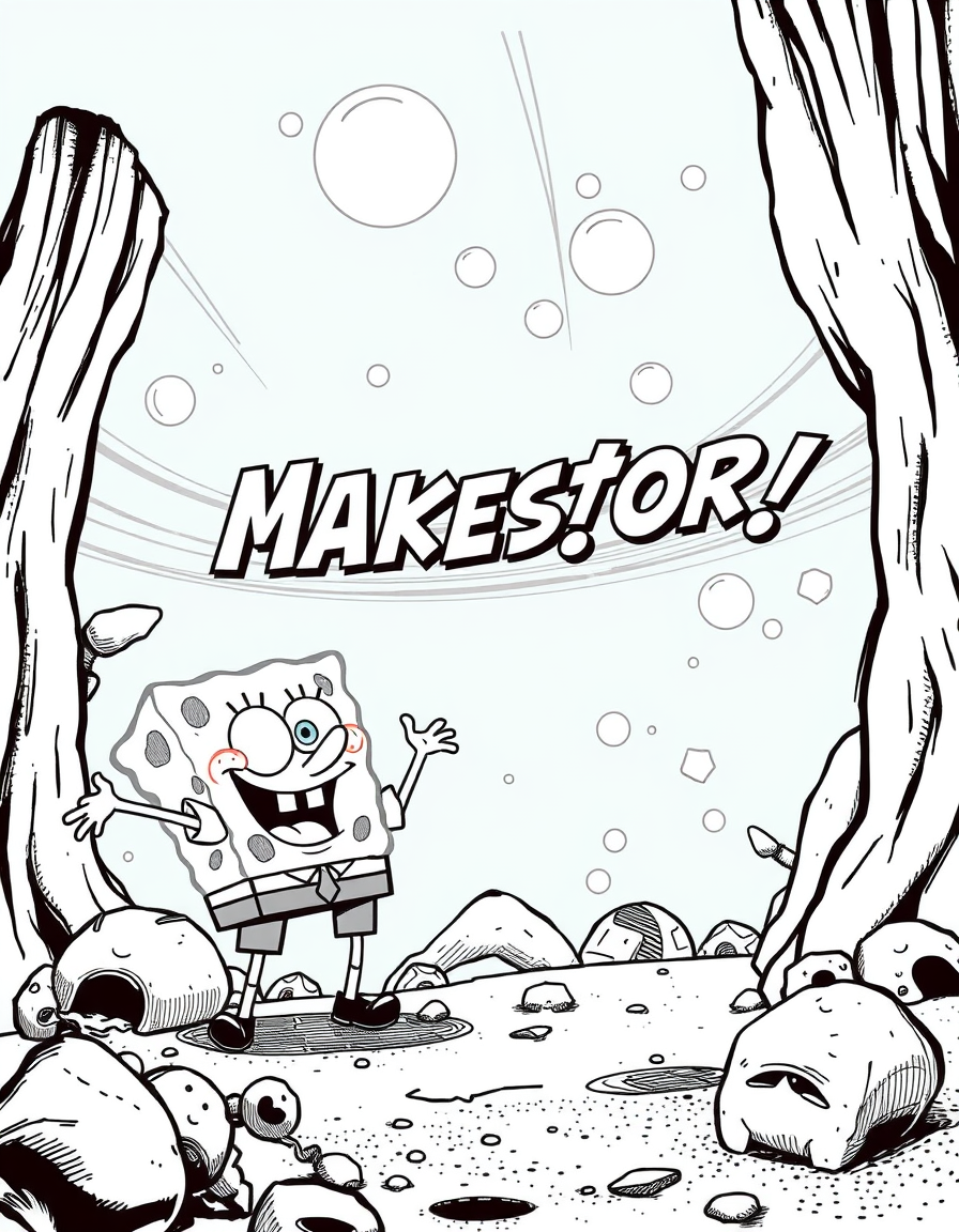 Comic Art idea: comic art, bold ink lines, halftone shading, dynamic composition, Make story spongebob , graphic novel illustration, comic panel ready