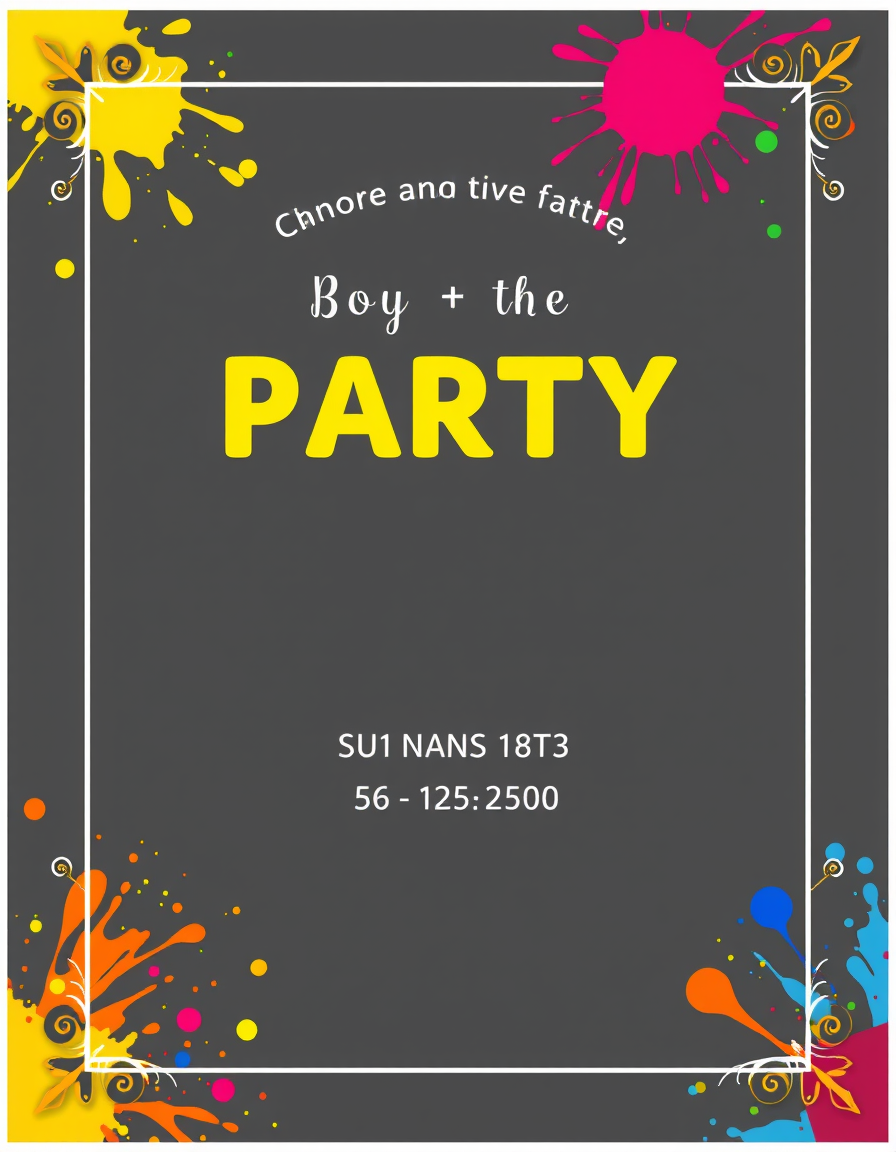 Invitation idea: party invitation design, festive layout, decorative border, space for event details, a birthday party with paint splashes for a boy , printable invita