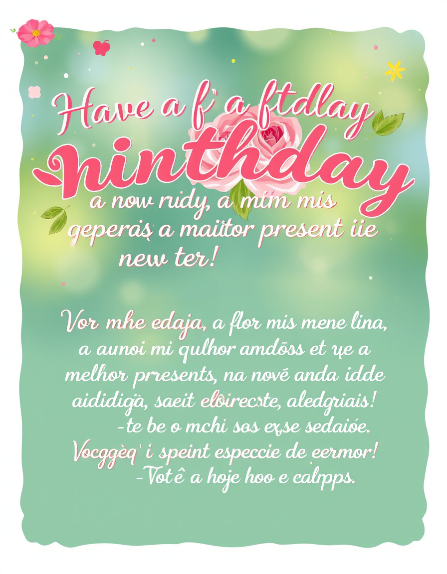 Birthday Cards idea: birthday card design, cheerful festive artwork, space for greeting, uma imagem no fundo de natureza e o texto Ela é a flor mais linda, a alma mais gen