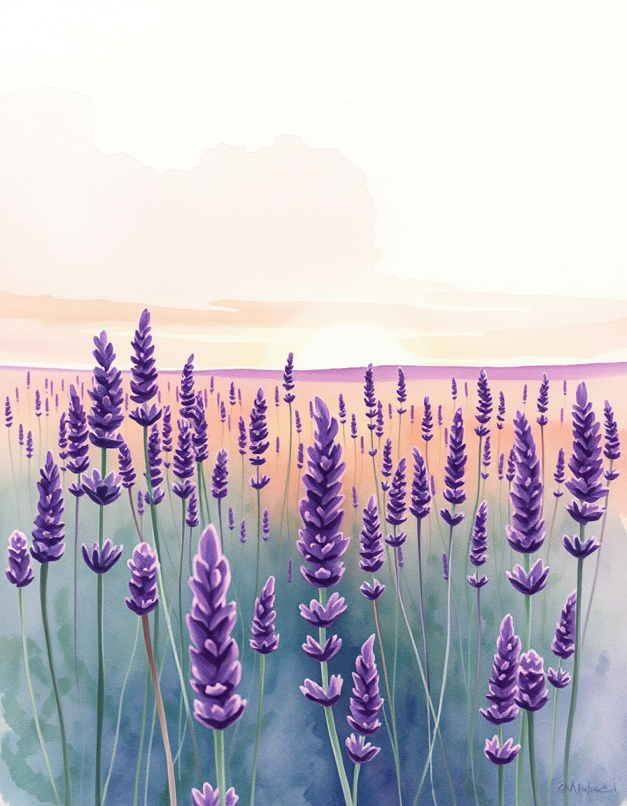 Watercolor idea: watercolor painting, soft transparent washes, wet-on-wet bleeds, paper texture visible, a field of lavender at dusk in soft purple washes , delicate w