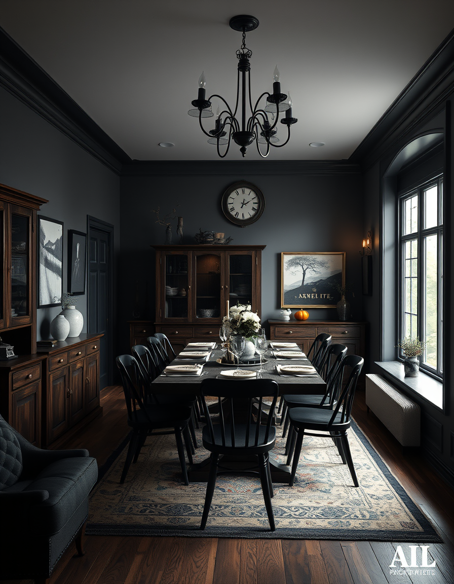 Interior Design idea: AI interior design, cohesive furniture layout decor and lighting, photorealistic interior render, A dark witchy dining room with a bay window on one l
