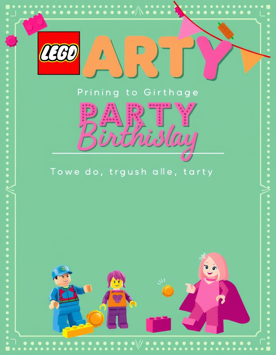 Invitation idea: party invitation design, festive layout, decorative border, space for event details, Birthday party for a 10 year old girl that is half lego half barb