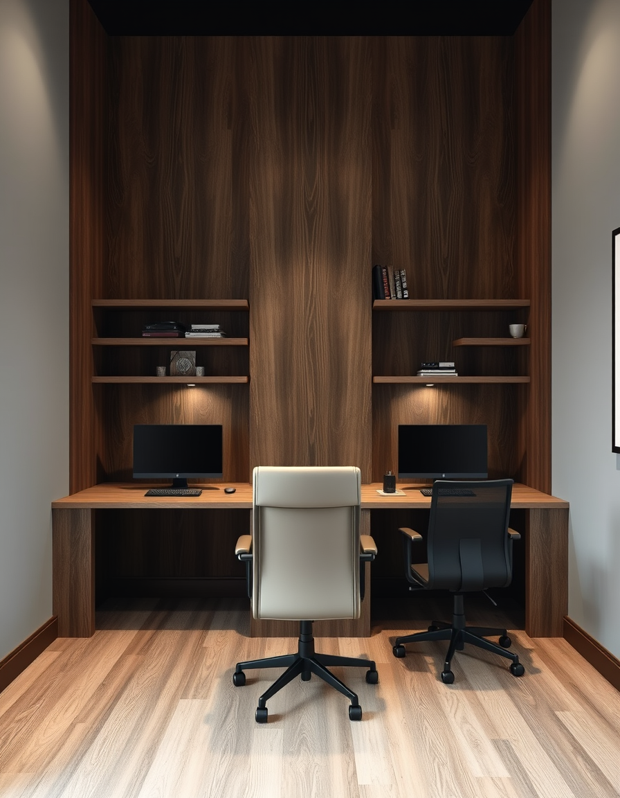 Main painting studio: A moody game room/ office. two desk on opposite walls. in front one desk it needs to have three sections of acoustic wood paneling that end with float