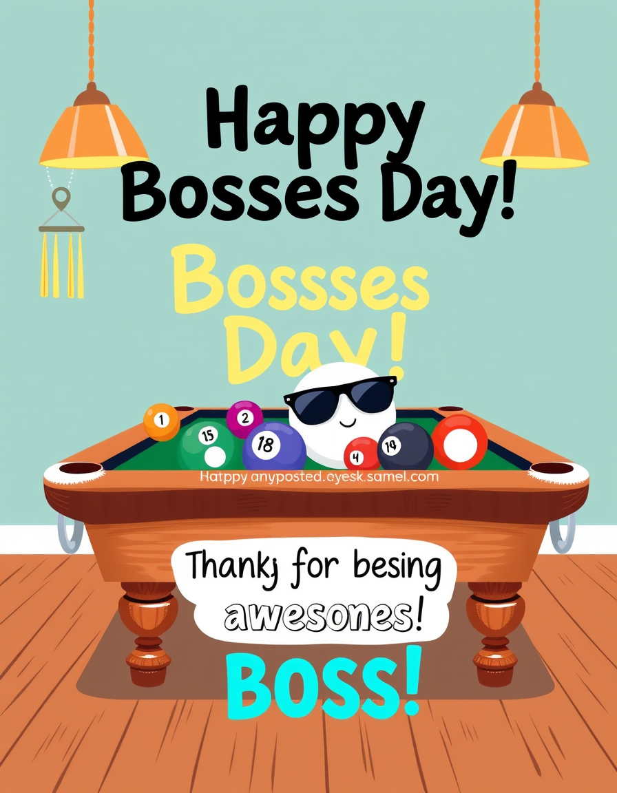 Greeting Cards idea: greeting card design, warm illustration, space for message, 5x7 size portrait card on front saying: Happy Bosses Day! with colorful graphics pool tabl