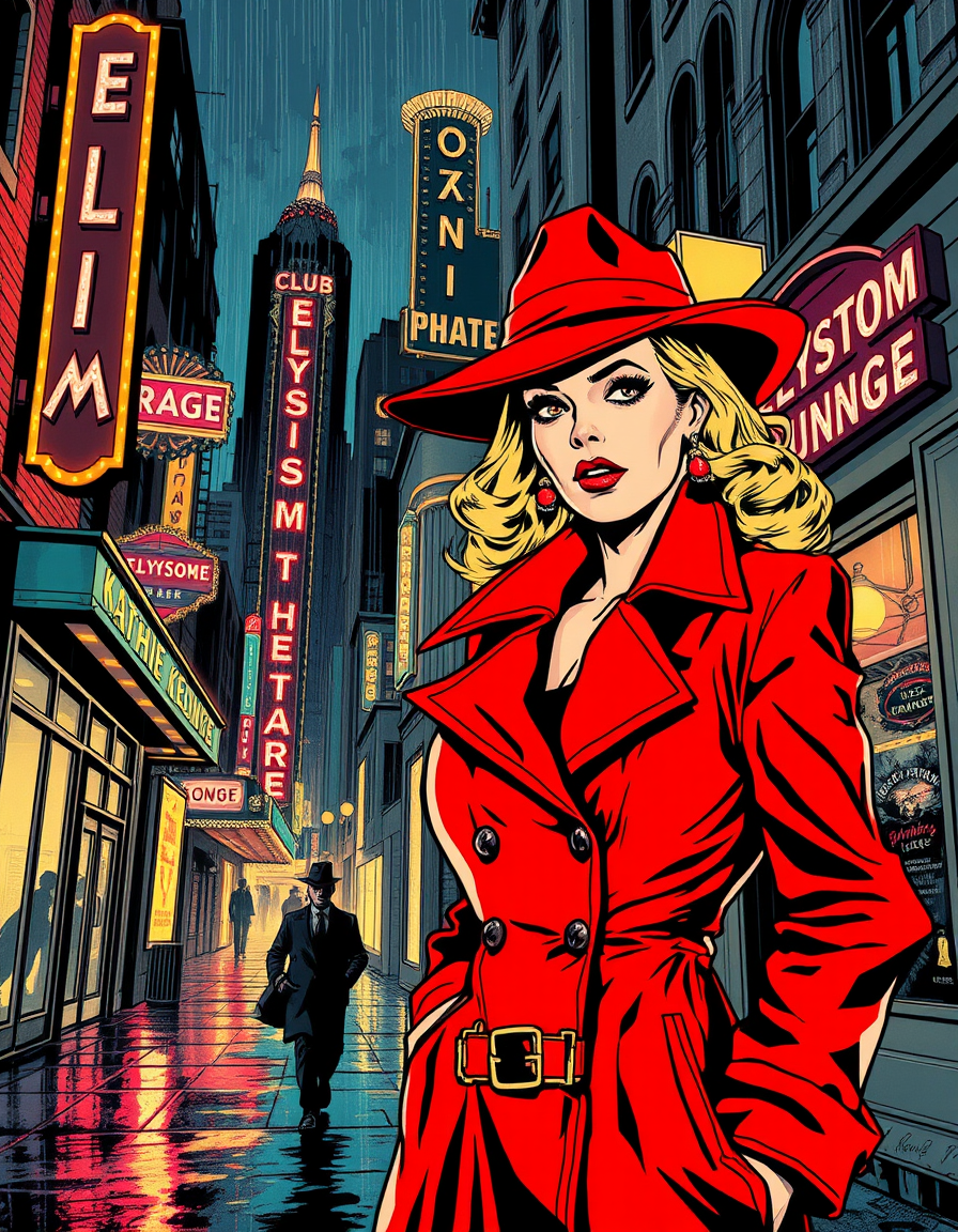 Comic Art idea: comic art, bold ink lines, halftone shading, dynamic composition, Comic book illustration titled KATHIE KEENE Private Eye A splash page bursts with ne
