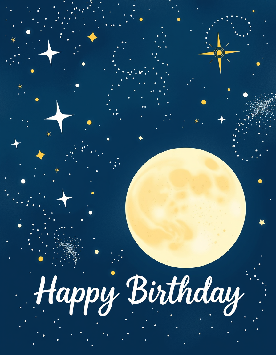 Birthday Cards idea: birthday card design, cheerful festive artwork, space for greeting, starry night sky with sparkles and a big glowing moon , printable birthday card