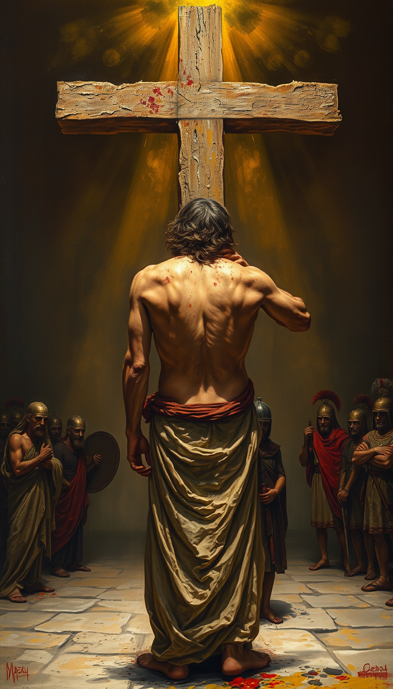 Oil Paintings idea: oil painting style, rich textures, brushstrokes, impasto technique, Rear view of Jesus standing exhausted after being scourged, His wounded back marke