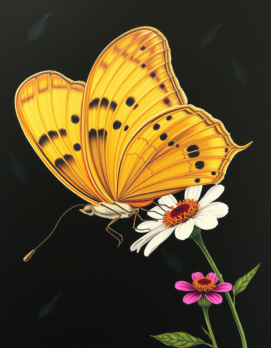 Main painting studio: a giant butterfly seen from the side (Wings on the left), on a smaller flower than the butterfly, with a background of black mixed in with slight diff