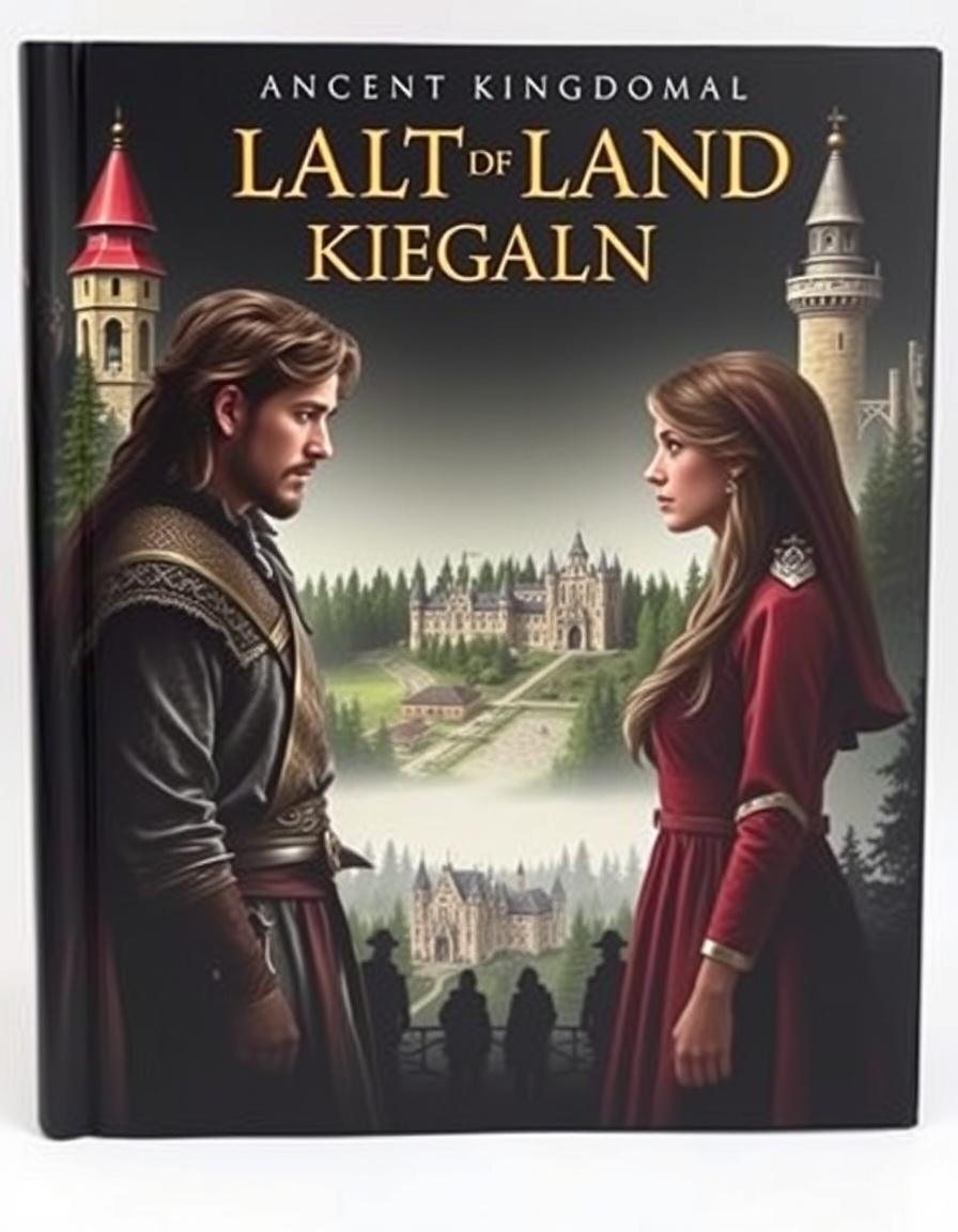 AI Painting prompt example created from the prompt: Create a realistic medieval book cover showing two ancient kingdoms separated by a forest. In the center, show a man and a woman standing ap