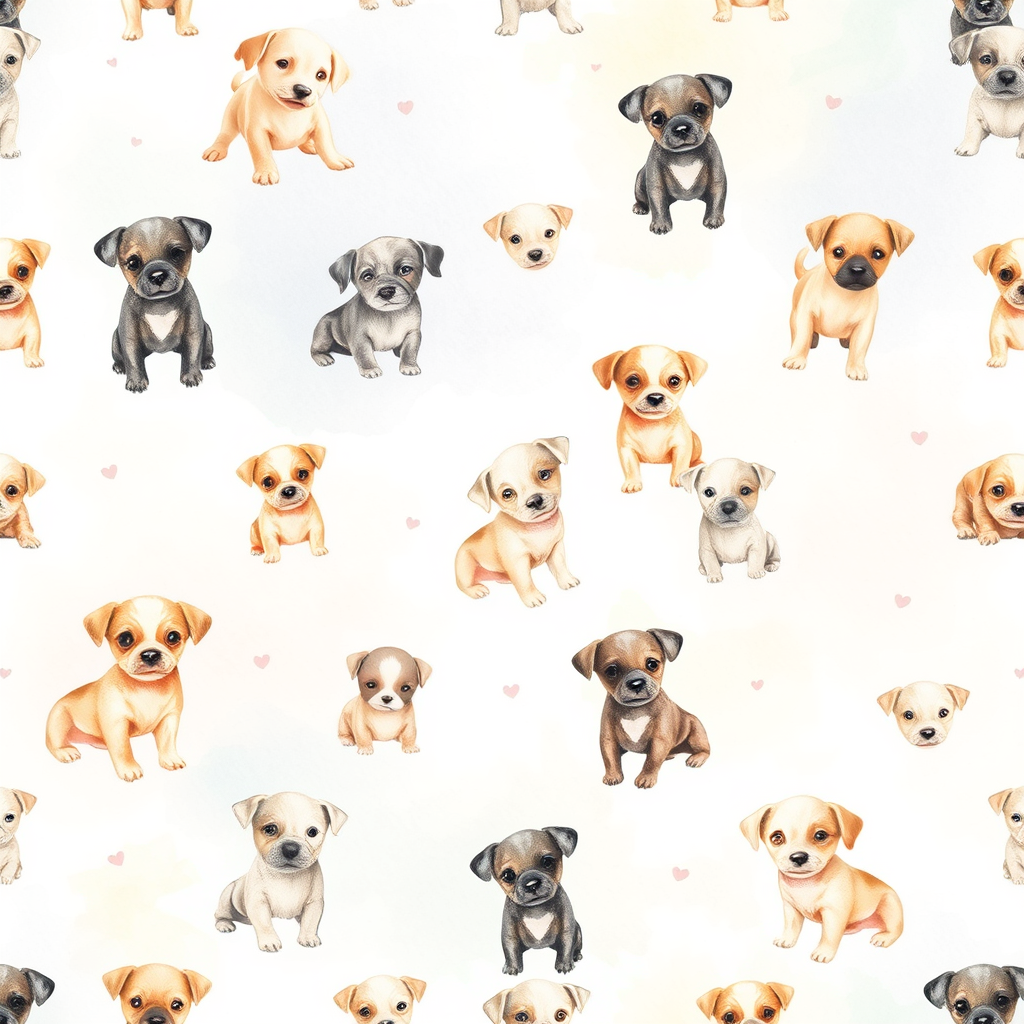 Watercolor idea: watercolor painting, soft transparent washes, wet-on-wet bleeds, paper texture visible, Hand-painted watercolor dog pattern, only small cute puppies, 