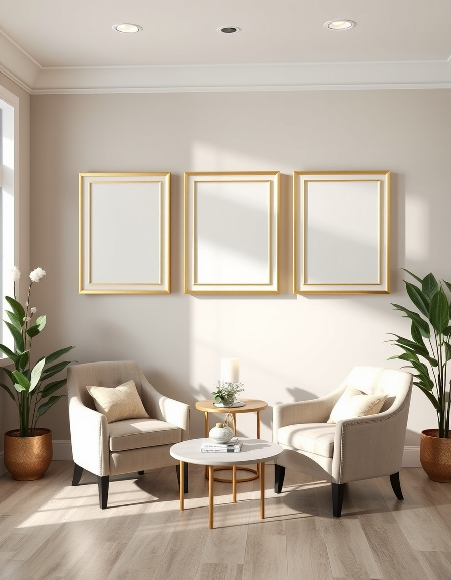 Main painting studio: landscape orientation mock up of med spa with transitional decor with 3 blank picture frames with gold accents on the wall to introduce staff to custo