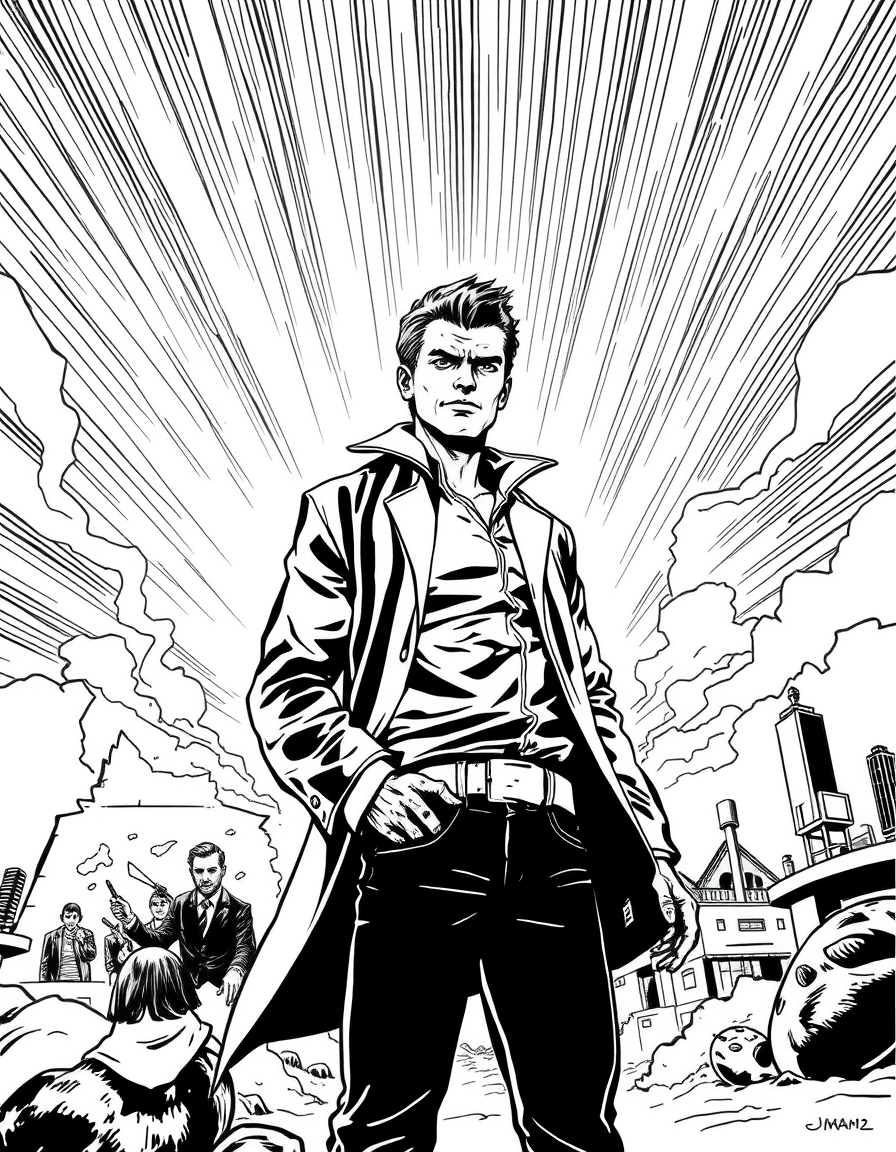 Comic Art idea: comic art, bold ink lines, halftone shading, dynamic composition, Mann mit eurm , graphic novel illustration, comic panel ready