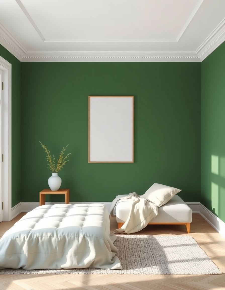 Paint Color idea: room repainted in a new wall color from the photo, accurate paint finish, photorealistic interior render, Grey trim green walls only two colors , pain