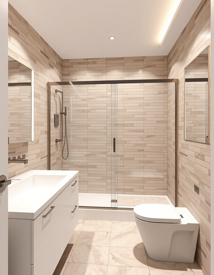 Bathroom Design idea: AI bathroom design, tiled surfaces vanity and fixtures, photorealistic interior render, 1560mm X 2270mm internal land area excluding walls bathroom wi