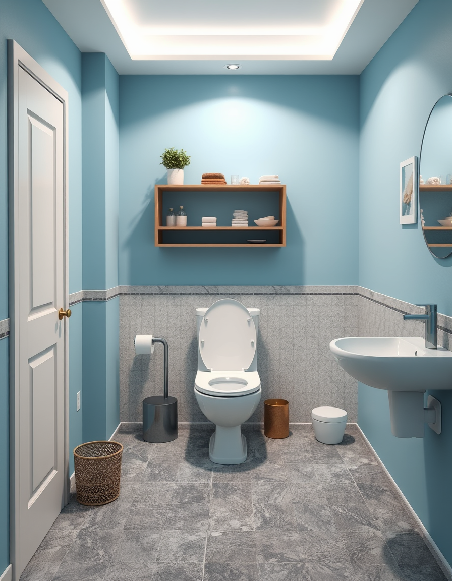 Room Design idea: AI room design, full room layout furniture and lighting, photorealistic interior render, simple toilet with basic stuffs, with granite gray floor tile