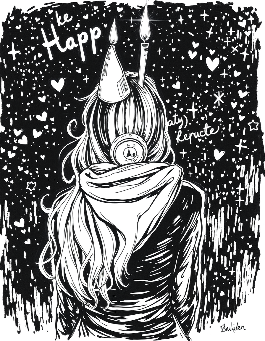 Main painting studio: bleistift weibliche karikatur im schwarz weiss mit krücken die geburtstag feiert