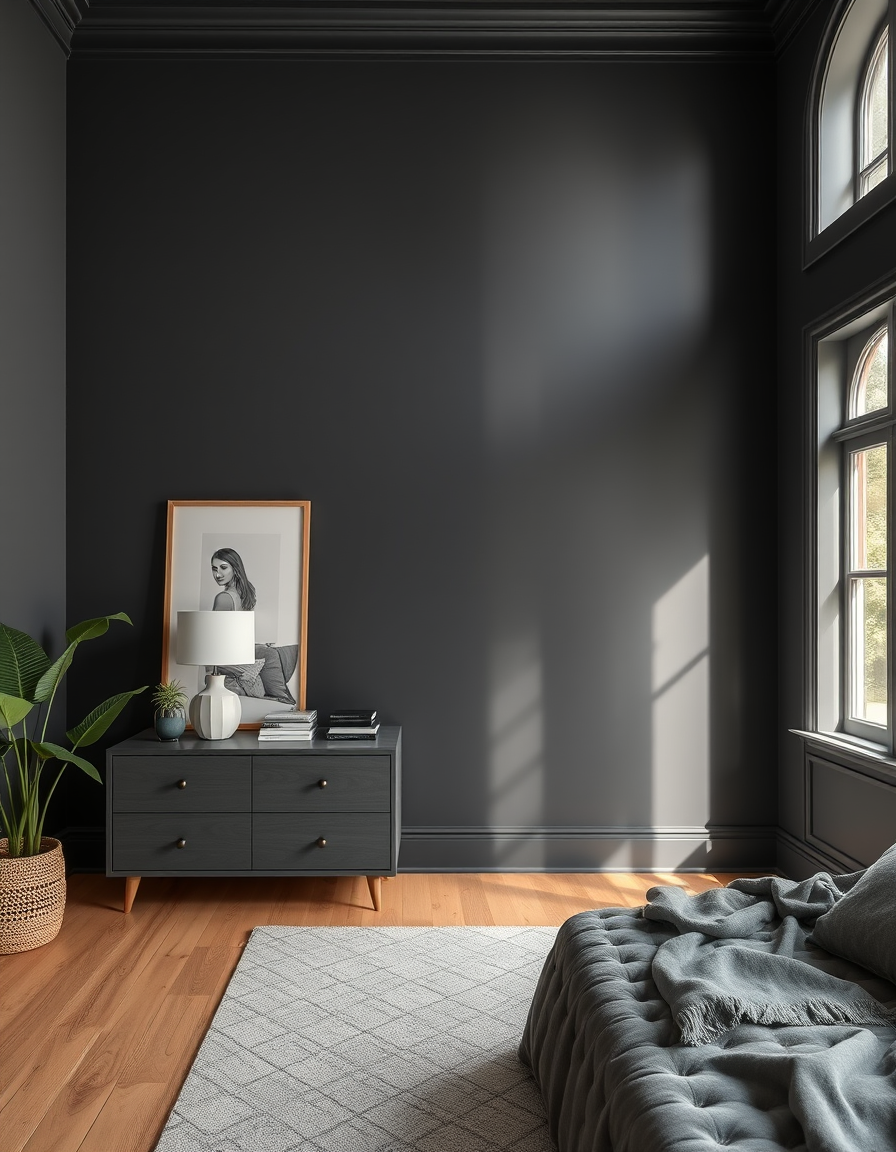 Paint Color idea: room repainted in a new wall color from the photo, accurate paint finish, photorealistic interior render, Paint my trim black , paint color visualizat