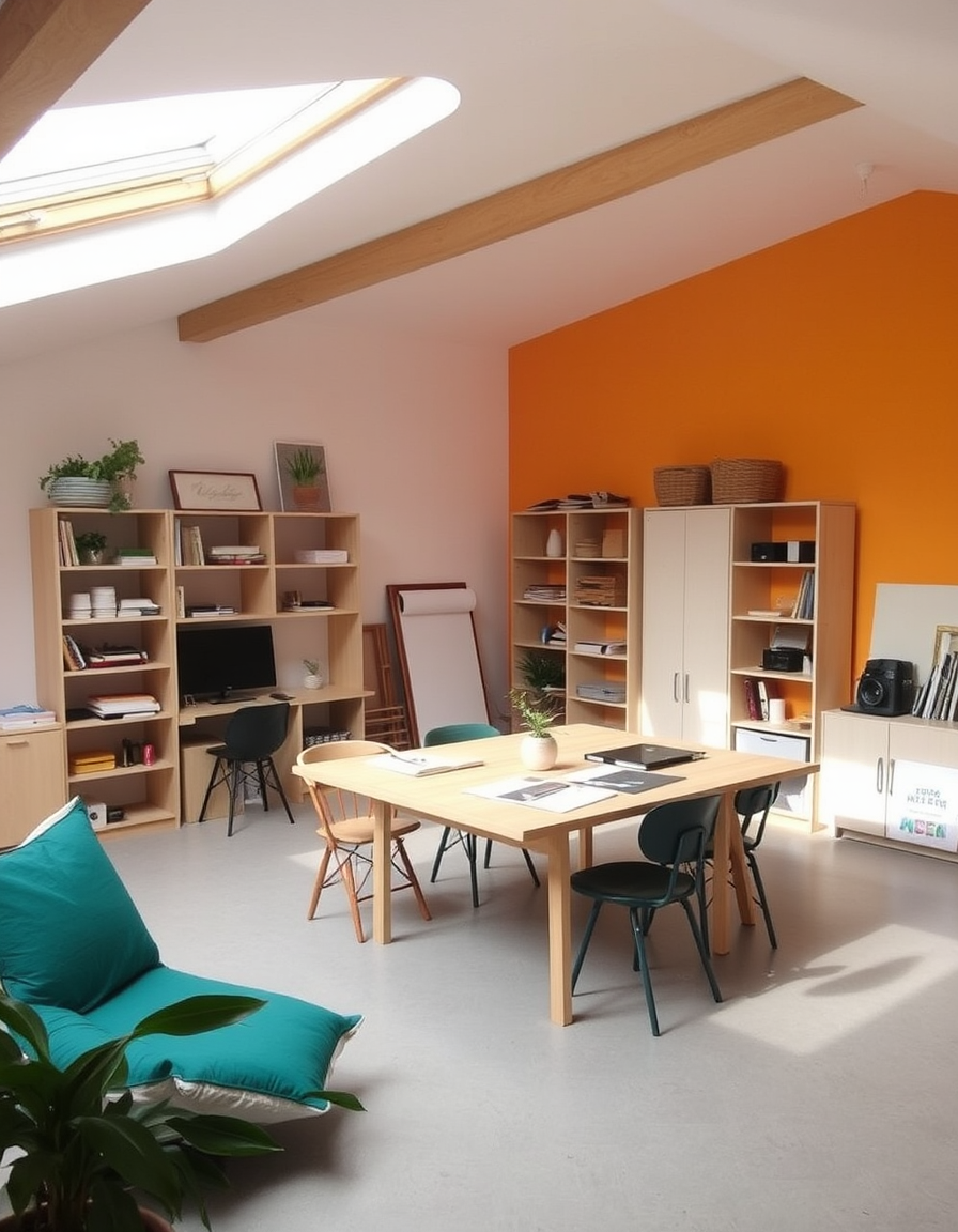 Main painting studio: Sala polivalent de 18 m² per a artteràpia, fang i costura. Càlida i acollidora, sostre llis sense bigues, fusta clara i colors suaus. Taula modular pl