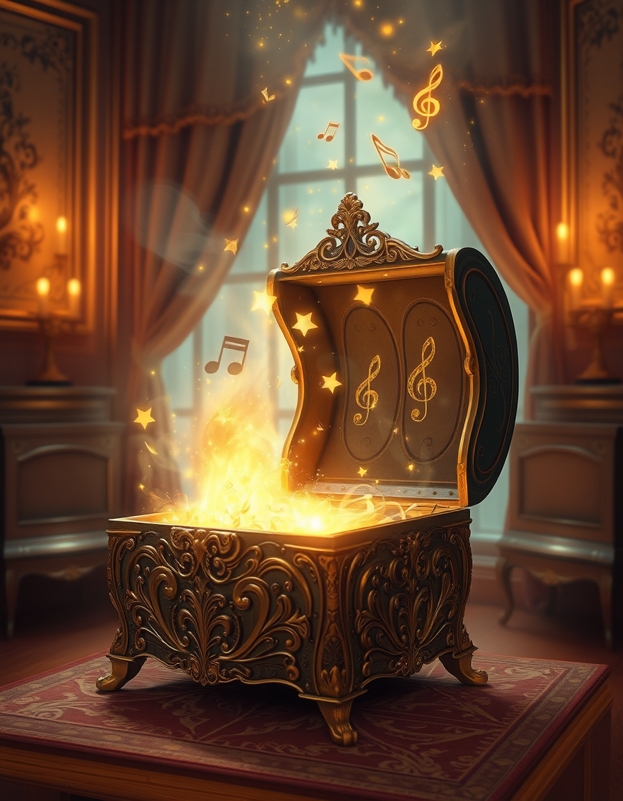 Book Covers idea: cover-ready concept art organized around genre, focal point, and title-safe space, deliberate composition, A beautiful, ornate vintage jewelry box ope