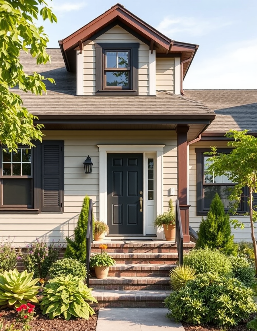 Exterior Paint idea: home exterior paint visualization, preserve architecture and landscaping, recolor siding trim and front door, Split level house with black fox trim an
