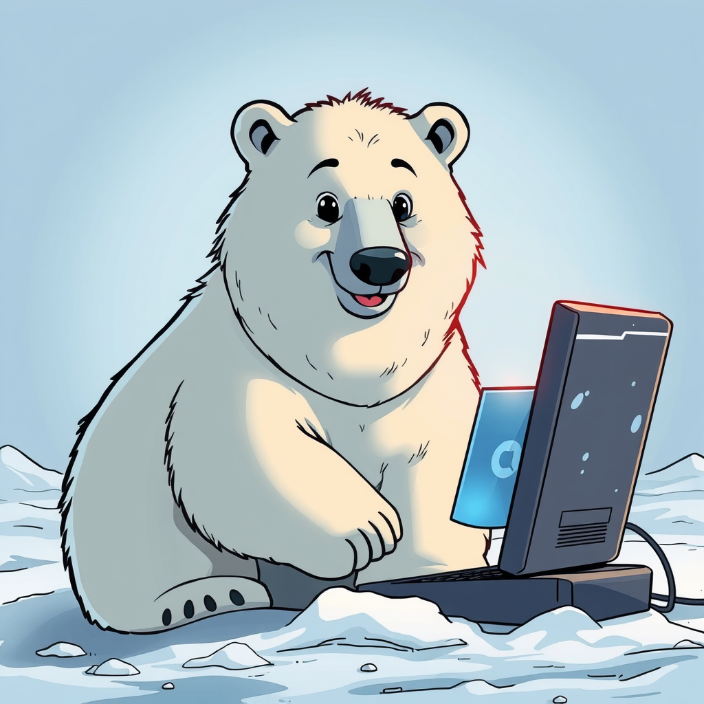 Main painting studio: Erstelle ein profilbild im Comicstil von einem Eisbären am pc, der eine Festplatte in der Pfote hat. Er soll freundlich schsuen
