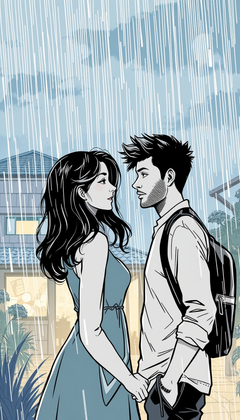 Comic Art idea: comic art, bold ink lines, halftone shading, dynamic composition, “Romantic Korean webtoon style, young Indian couple standing in the rain, emotional