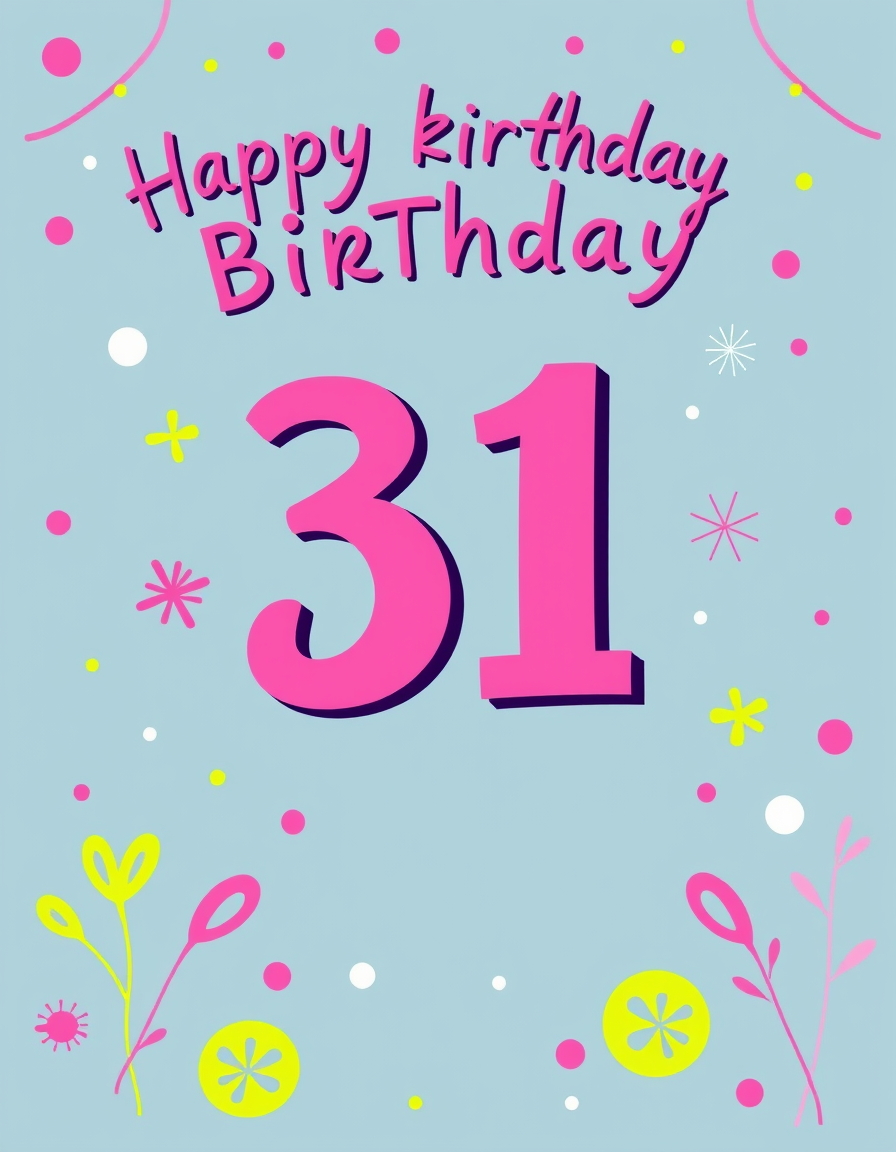 Birthday Card idea created from the prompt: birthday card design, cheerful festive artwork, space for greeting, 31st theme pink, purple, and lime green , printable birthday card