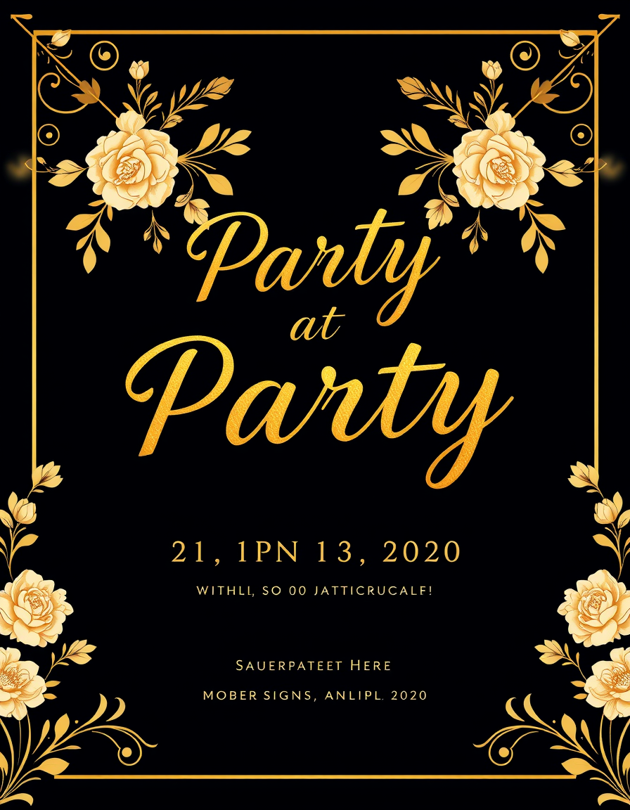 Invitation idea: party invitation design, festive layout, decorative border, space for event details, a wedding invitation with gold script lettering and ivory floral