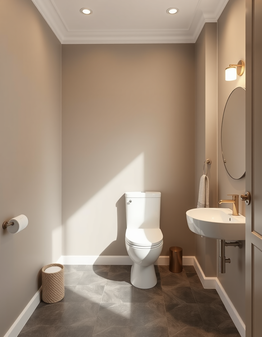 Paint Color idea: room repainted in a new wall color from the photo, accurate paint finish, photorealistic interior render, toilet with charcoal grey flooring, 2 full p