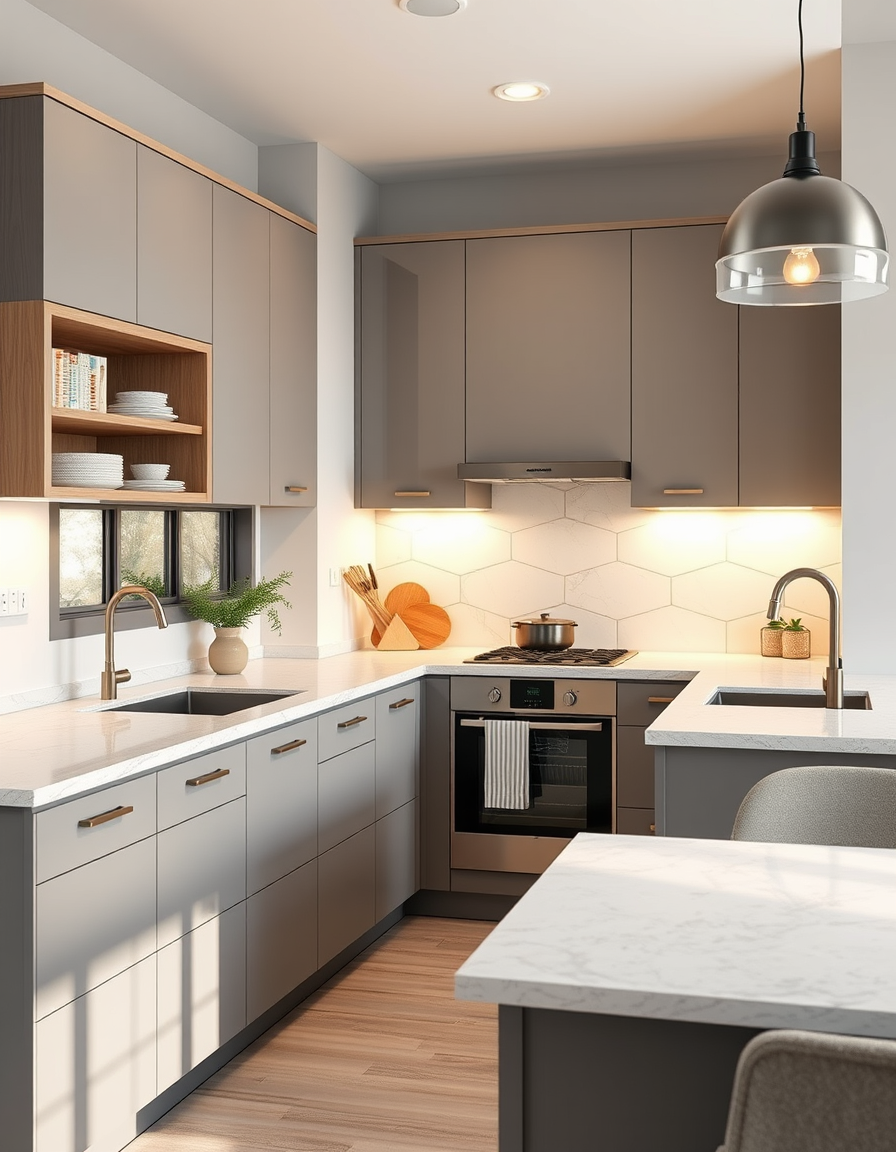 AI Kitchen Design idea created from the prompt: AI kitchen design, modern cabinetry countertops and lighting, photorealistic interior render, Kan du skrive på norsk , kitchen remodel visua