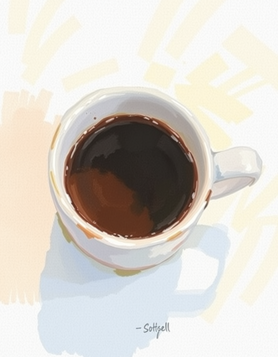 Main painting studio: impressionist coffee, small mug, loose visible brushstrokes.
