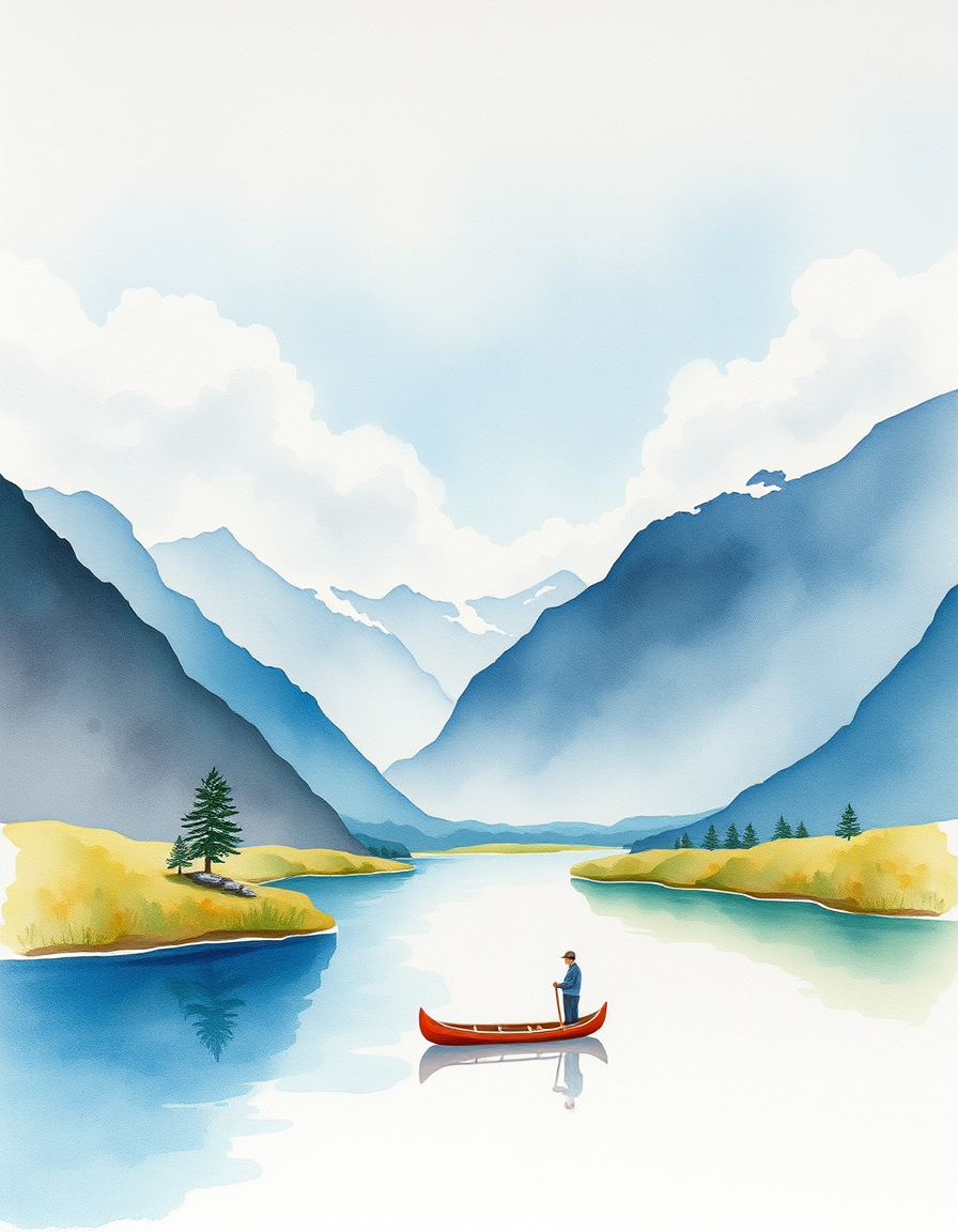 Picture Into Watercolor idea created from the prompt: turn picture into watercolor, transparent washes, paper texture, soft pigment edges, A mountain range with a river going through it a small 