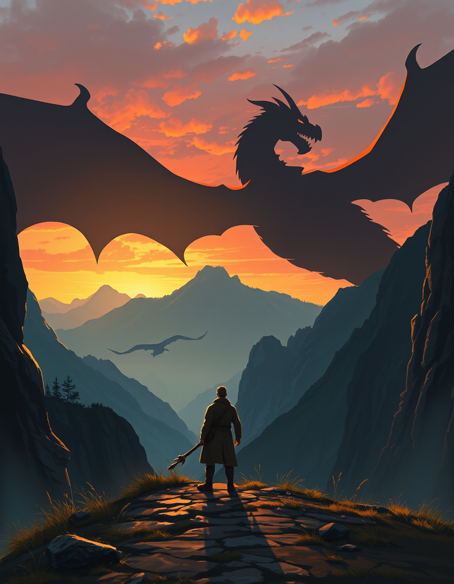 Book Covers idea: cover-ready concept art organized around genre, focal point, and title-safe space, deliberate composition, a lone man facing an illustrated dragon sil
