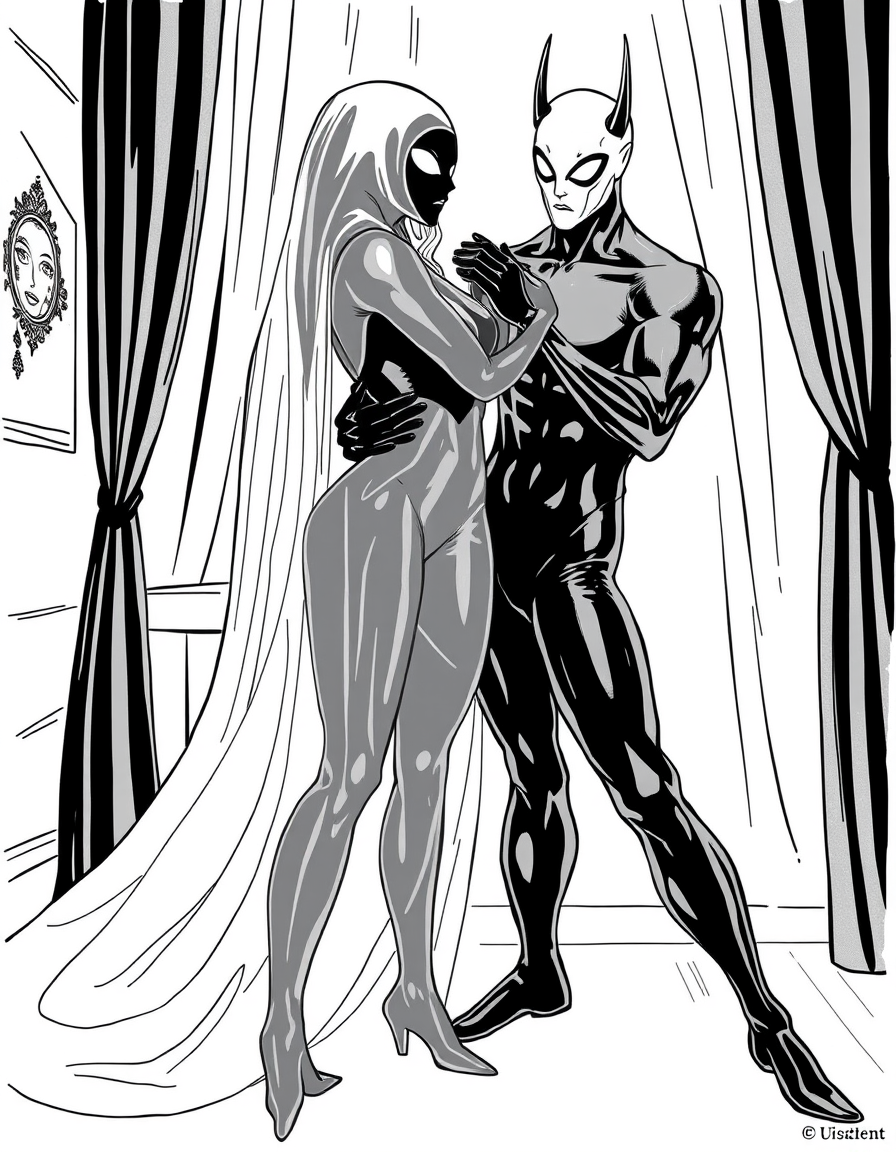 Comic Art idea: comic art, bold ink lines, halftone shading, dynamic composition, A wife suprising his husband with 2 layers of full-body silicone skinsuit, then she 