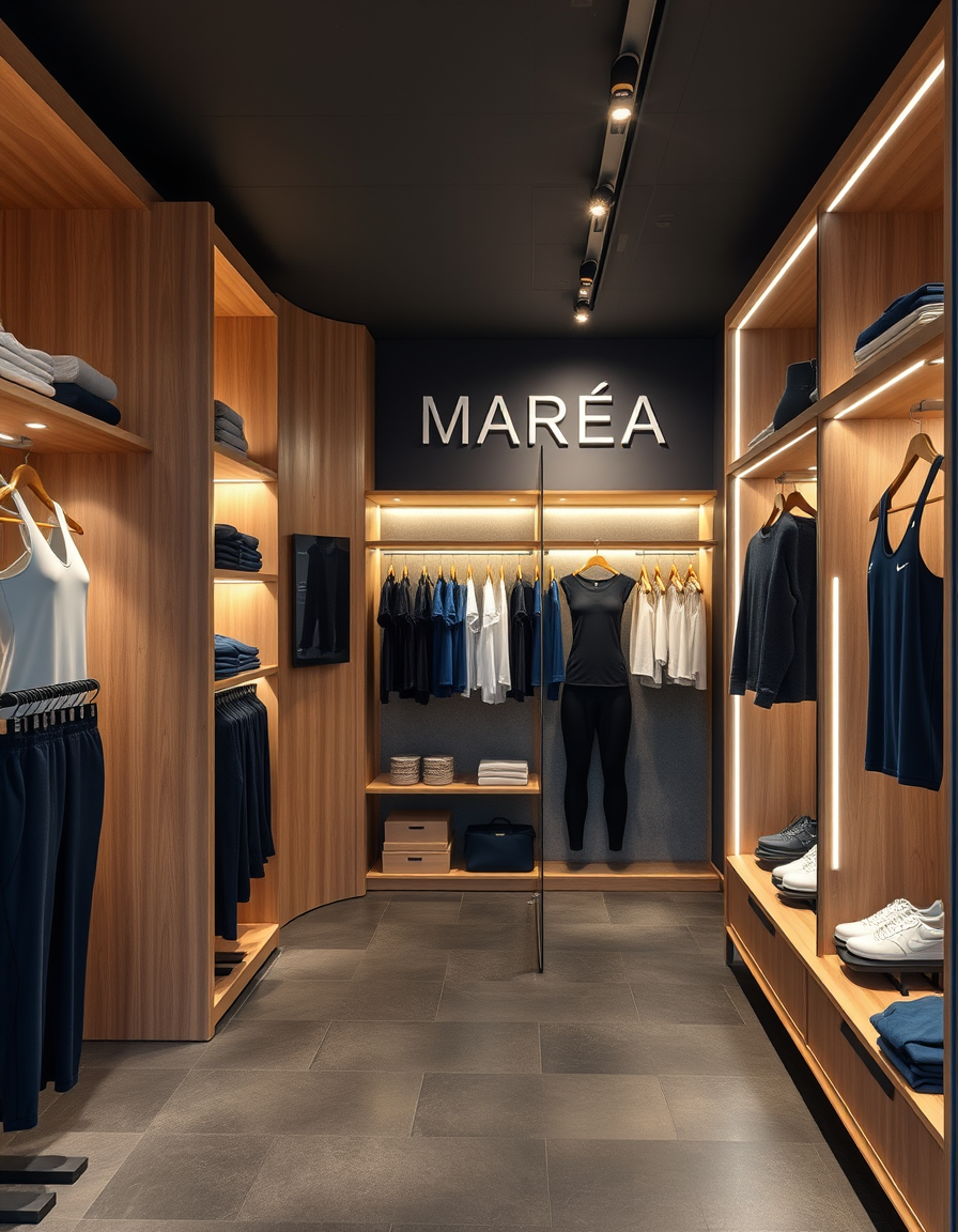Main painting studio: Génère une photographie d'intérieur extrêmement réaliste d'une petite boutique intégrée à un club de fitness et de bien-être de luxe appelé MARÉA, sit