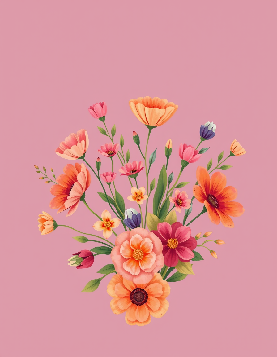 Greeting Cards idea: greeting card design, warm illustration, space for message, bouquet de fleurs avec des couleurs vives , printable greeting card
