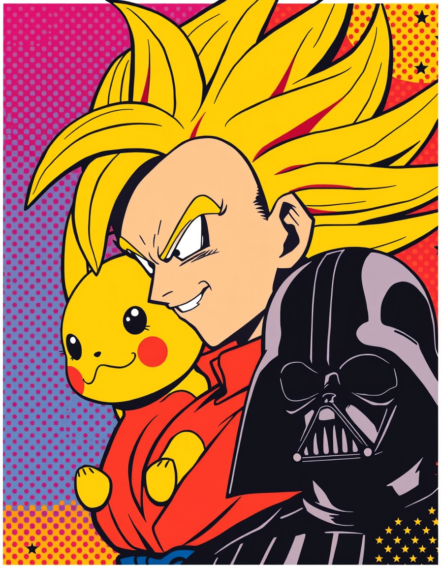 Pop Art idea: pop art style, bold flat colors, Ben-Day dots, comic-book half-tone, high-contrast subject, pop culture dragonballz pokemon star wars , inspired by Wa