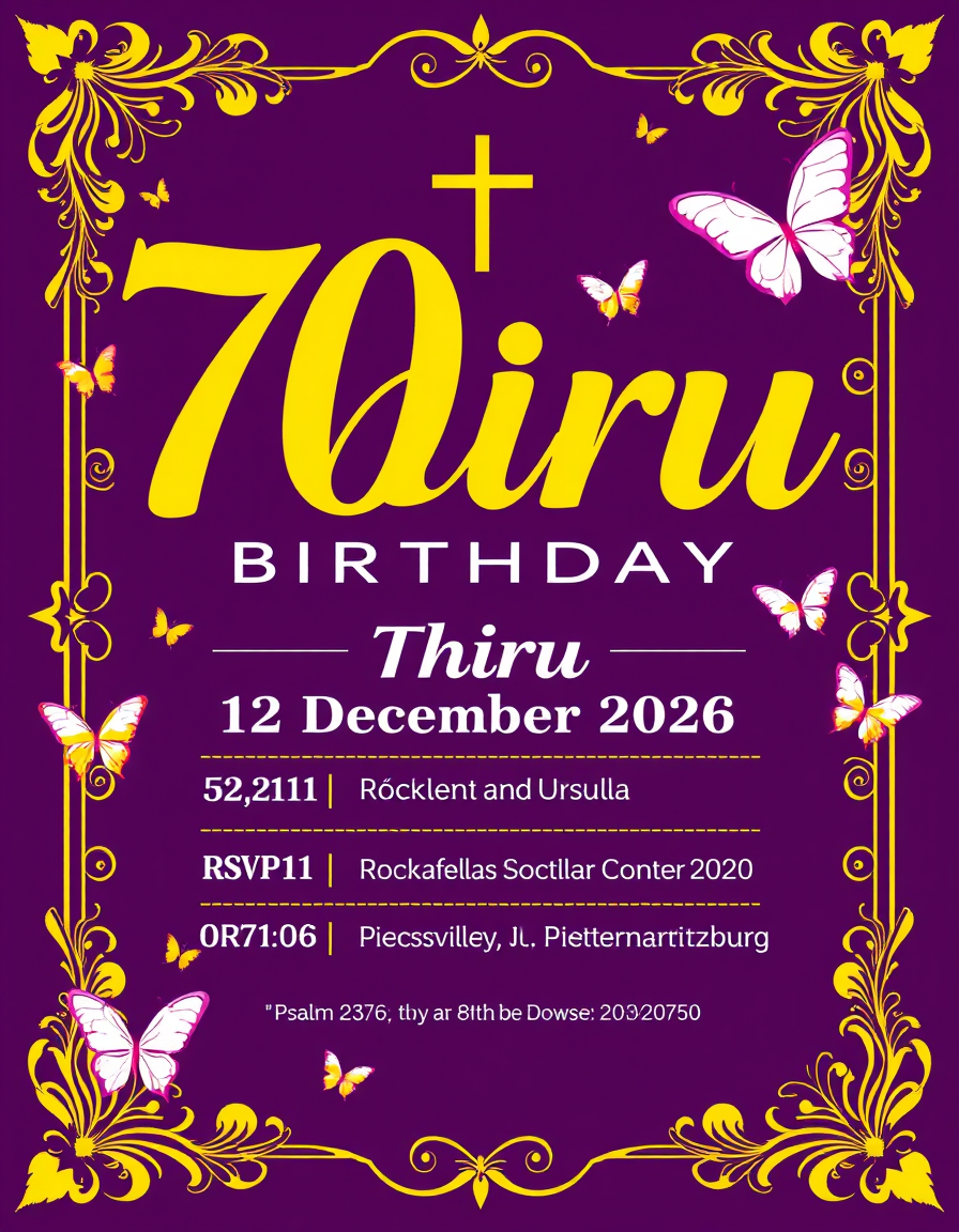 Invitation idea: party invitation design, festive layout, decorative border, space for event details, Create a birthday invitation for a 70th birthday celebration for