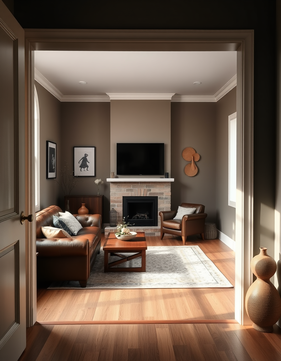 Main painting studio: Design living room. Starting from doorway. Window is placed on right side of room and is the only light source. Dark brown leather sofa left side of r
