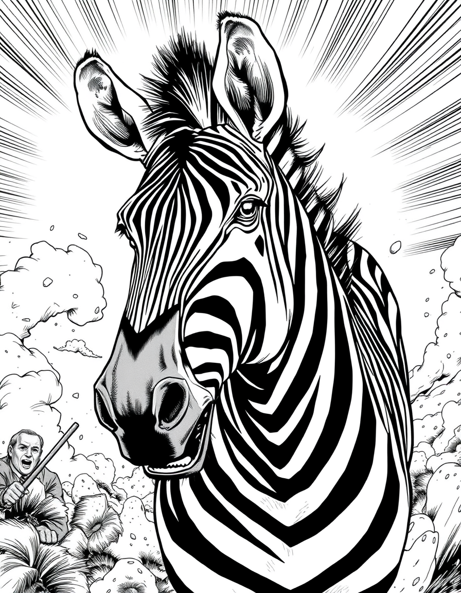 Comic Art idea: comic art, bold ink lines, halftone shading, dynamic composition, Das msv zebra soll den fortuna düsseldorf löwen verfleischen , graphic novel illustr